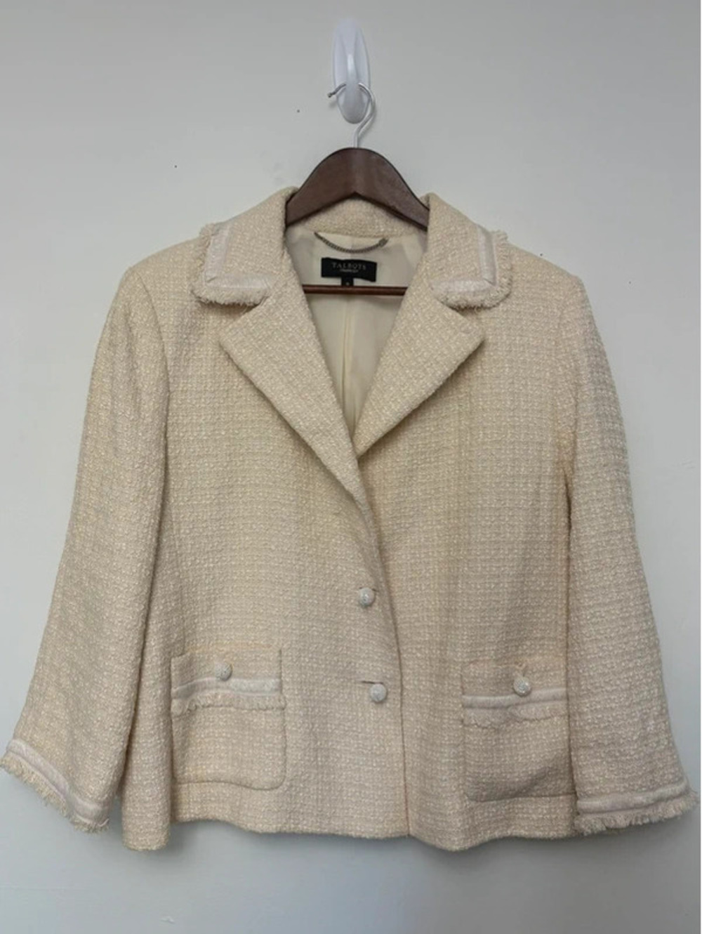 Talbots Size 18 Ivory Bouclé Tweed Blazer Fringe Pearl Buttons